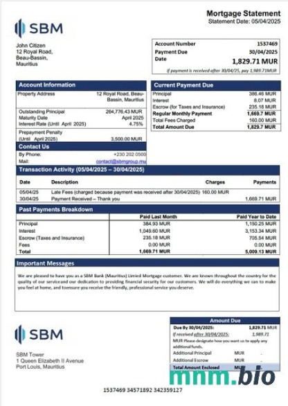 Mauritius SBM Bank (Mauritius) Limited wyciąg z kredytu hipotecznego szablon Word i PDF